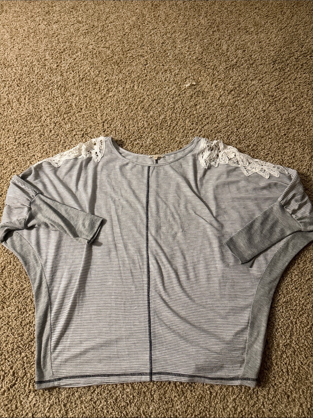 Mystree Light Gray Striped Lace Shoulder Dolman Top